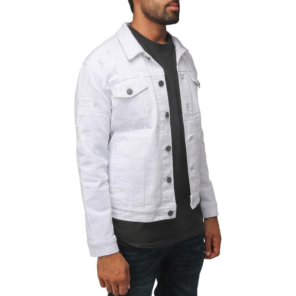 Mens White Denim Jacket Washed Ripped Distressed Stretch Casual Trucker - Picture 4 of 8